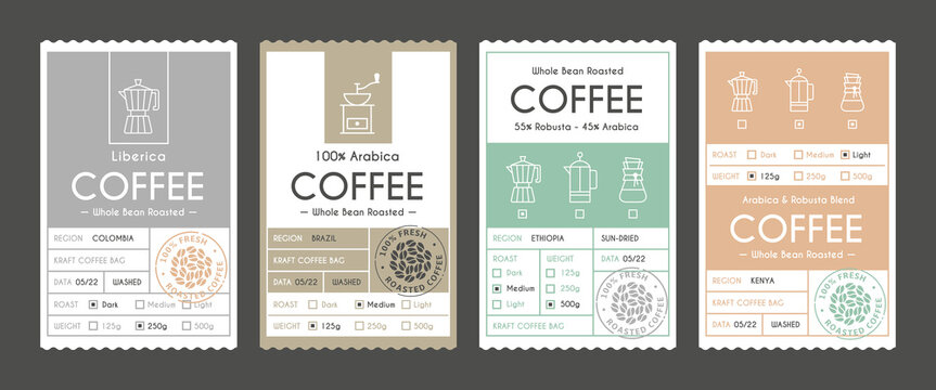 Coffee packaging design. Minimal label retro style, arabica, liberica or robusta beans badges. Vintage package template, tidy vector stickers for pack