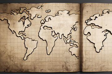 Vintage paper with old world map drawn in ink, for retro background