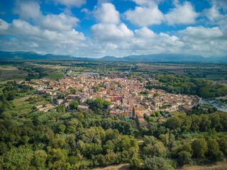 Fototapeta na wymiar Peralada small medieval Spanish town on the Costa Brava in Girona aerial images castle winery