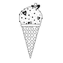 Sketch in a waffle cone. Valentine's day decoration. Vector illustration