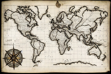 Vintage 18th century world map on old paper