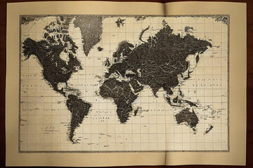 Antique 18th century world map on old paper