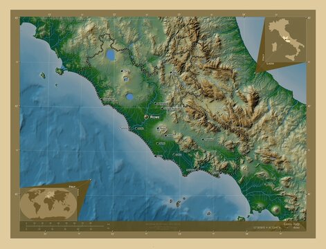Lazio, Italy. Physical. Labelled points of cities