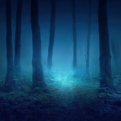 Mysterious glowing blue path in dark enchanted forest at night. Square format generative AI illustration