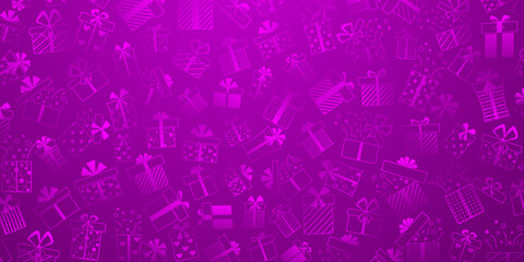 Background of gift boxes with bows and different patterns, in purple colors
