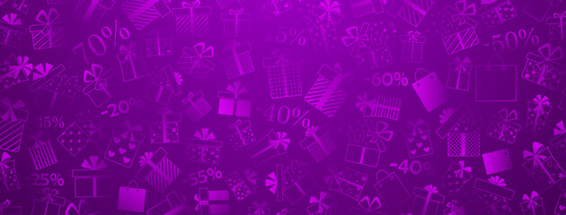 Background of gift boxes with bows and different patterns, and discount percentages, in purple colors