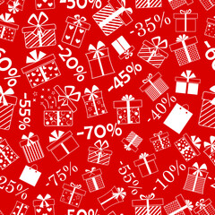 Seamless pattern of gift boxes with bows and different patterns, and discount percentages, white on red background