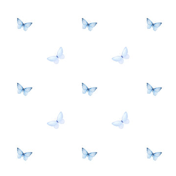 Watercolor minimalistic pattern of tender blue butterflies isolated