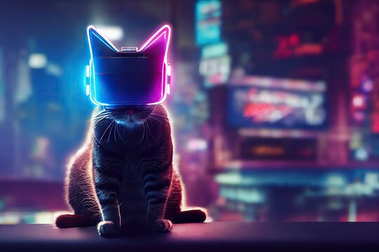 Silhouette of metaverse tiny cute cat in virtual reality glasses on neon space background