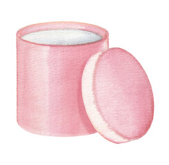 Festive Pink Box with lid.  An element for scrapbooking. Watercolor drawing. The package.
