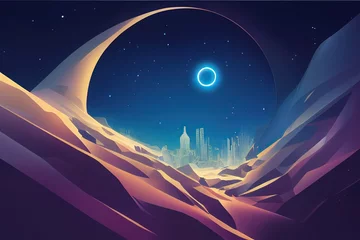 Poster Metaversal vivid desert landscape with glowing planet in the space sky © Аrtranq