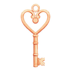 The golden key. Heart. An element for scrapbooking. Watercolor drawing.