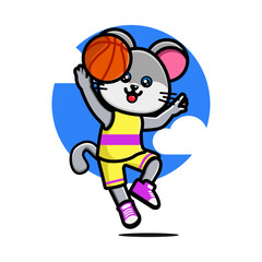 Happy cute mouse playing basketball