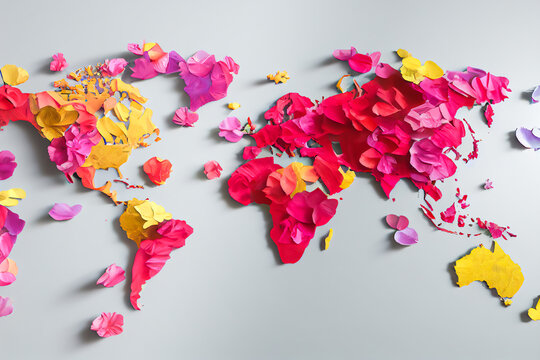 World map in colored petals of flowers, love and valentine