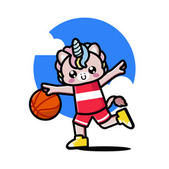 Happy cute unicorn playing basketball