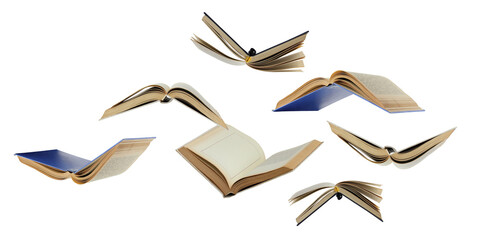 A flock of flying paper books isolated on a white background. Open books in the air. - obrazy, fototapety, plakaty