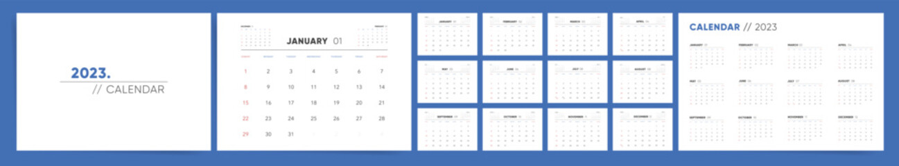 2023 Calendar office template design. Week starts on Sunday. Red blue desk calendar for business. Desktop planner in simple clean style. Corporate minimal calendar. English vector calendar layout.	