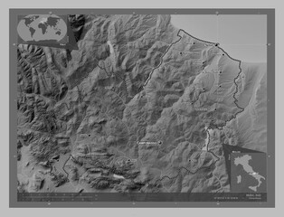 Molise, Italy. Grayscale. Labelled points of cities