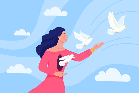 Girl Frees Bird. Woman Release Birds From Her Chest, Recovering After Psychologycal Trauma Or Depression, Female Free Dove In Sky Clouds Freedom Hopeful Life, Vector Illustration