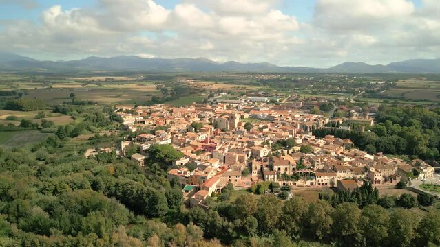 Aerial images of the town of Peralada in Girona Spain Figueres beach of the Mediterranean