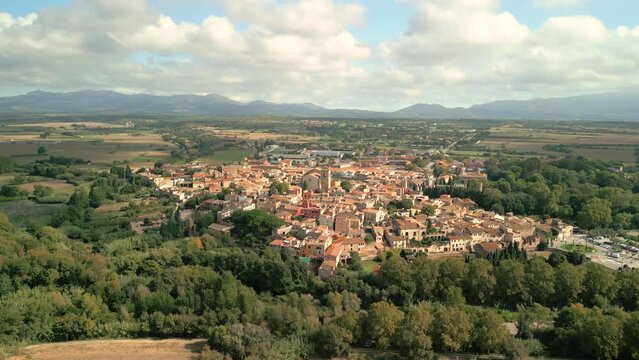Aerial images of the town of Peralada in Girona Spain Figueres beach of the Mediterranean