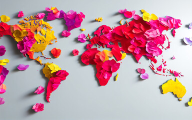 Original flower petals world map, for poster and decorative frame, spring season