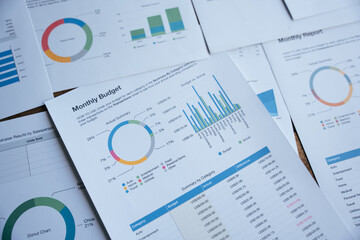 business paperwork on desk, focus at monthly budget, Charts of financial instruments for technical...
