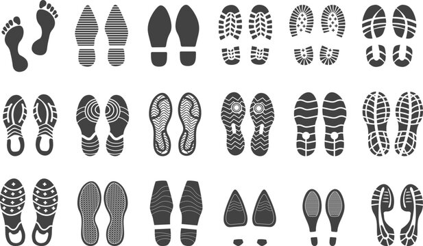 Shoe traces. Foot prints man boot sole, feet identity footprints sneaker or barefoot feet step mark shoeprint stamp in mud footmark track shoes with heels, neat vector illustration