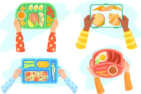 Hands with school lunch. Child hand holding tray with healthy food in kindergarten canteen, nutrition program for kids students, children fresh meal plate, neat vector illustration