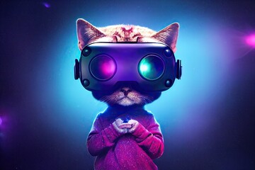 Metaverse tiny cute cat in virtual reality glasses with glowing eyes on neon space background