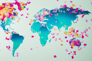 Fototapeta na wymiar Lightweight world map poster of love with flower petals, Valentine's Day design decoration