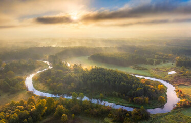 Beautiful autumn foggy sunrise over the river - obrazy, fototapety, plakaty
