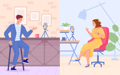 Blogger interview. Podcast video bloggers, social media live conversation, male and female speakers talking microphone on camera, radio host vlog studio, swanky vector illustration