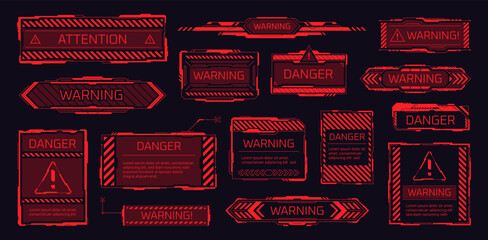 Hud danger frames. Dangerous banner cyber box, pollution alert attention label high-alert red sign warning tech frame, failure message digital interface, garish vector illustration - obrazy, fototapety, plakaty