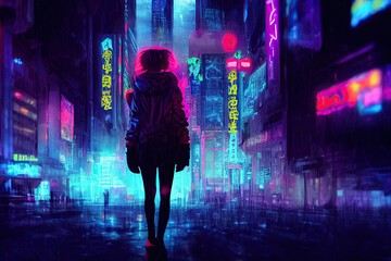 Silhouette of cyberpunk girl. Neon and ultraviolet night Tokyo street background