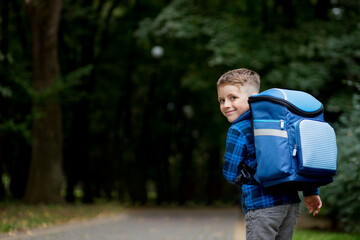 Little boy with backpack going to school. Rear view. First grader