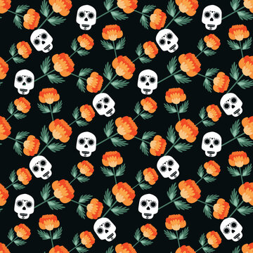 Dia de Los Muertos, Day of the Dead or Halloween seamless festive pattern . Sugar skulls, candle, maracas, guitar, sombrero,  marigold flowers, Сalavera la Catrina tradition skeleton decorati
