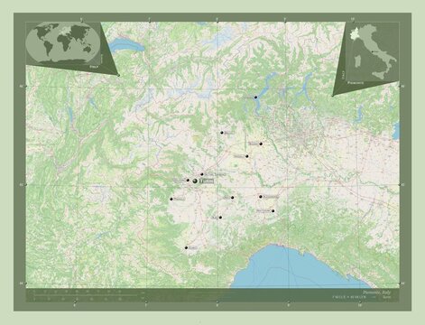Piemonte, Italy. OSM. Labelled points of cities