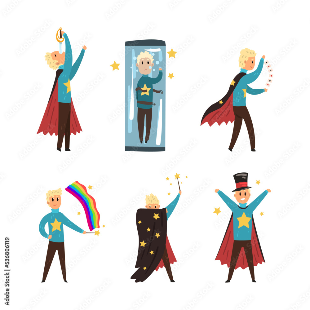 Sticker Man Magician Showing Tricks and Focuses for Entertainment Vector Set