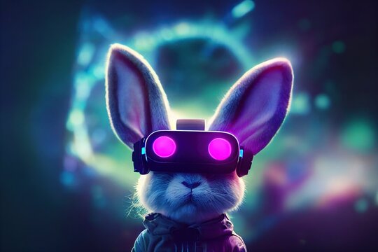 Metaverse tiny cute bunny in virtual reality glasses with glowing eyes on neon space background