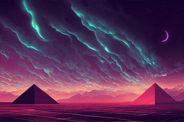 Metaversal vivid pyramids in a desert landscape with glowing neon moon in the sky