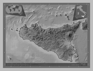 Sicily, Italy. Grayscale. Labelled points of cities