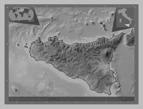 Sicily, Italy. Grayscale. Major cities