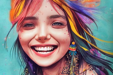 Obraz premium Beautiful girl grinning in a painted picture with colorful paint splatters in the background.