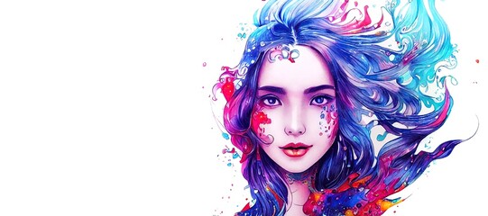 Beautiful girl's watercolor portrait with stains and streaks