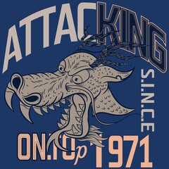 Illustration urban chinese dragon with text Attack king, and numbers,, college varsity style.