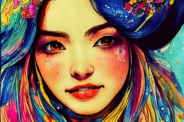 Fotobehang Portret of beautiful girl painted in watercolor © Аrtranq