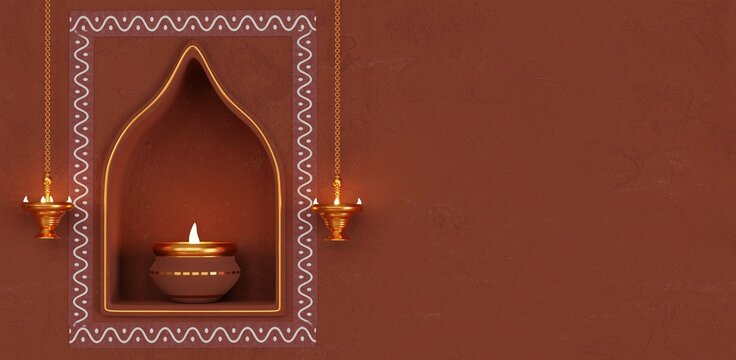 3d render of Festival, diwali and pongal lamp of traditional India, product display in hanging in brown wall background