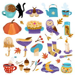 Autumn cozy set with socks, latte, dessert, pie, tea, kettle, teapot, mountain ash, mushrooms, pumpkin, owl, back cat, candle. Background for fabric, wallpaper, design. Children's illustration.