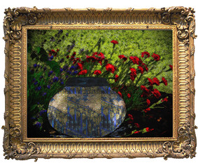 Antique gold frame, painting flowers and leaves blue pattern pottery red flowers, green background   